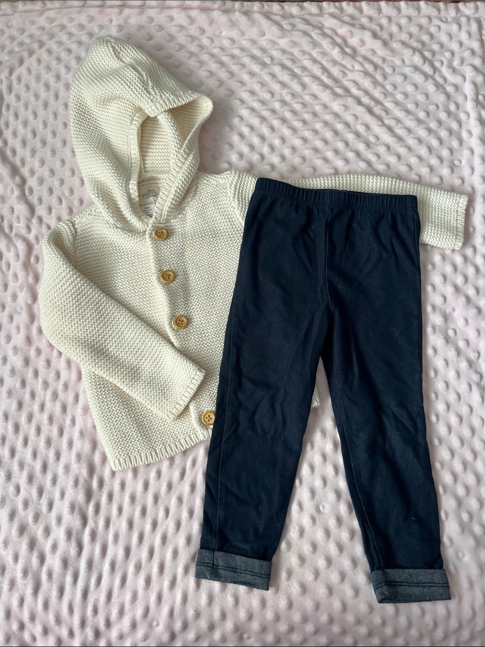 Kids Navy Leggings & thick Cable Knit Button Up Sweater - Unbranded